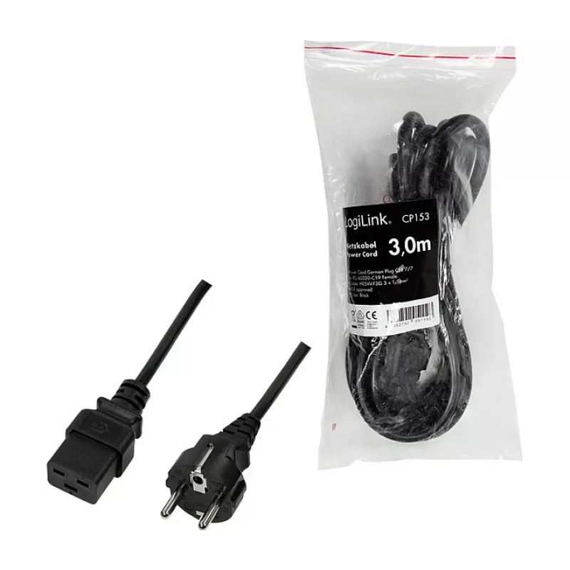 Logilink Netzkabel, CEE 7/7 auf IEC C19, Schwarz, 3 m