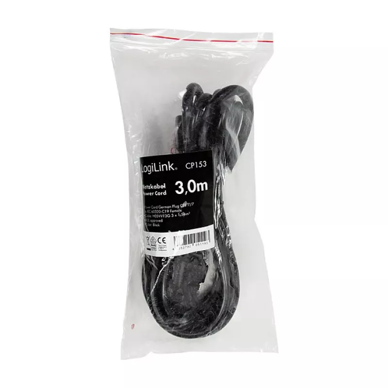 Logilink Netzkabel, CEE 7/7 auf IEC C19, Schwarz, 3 m