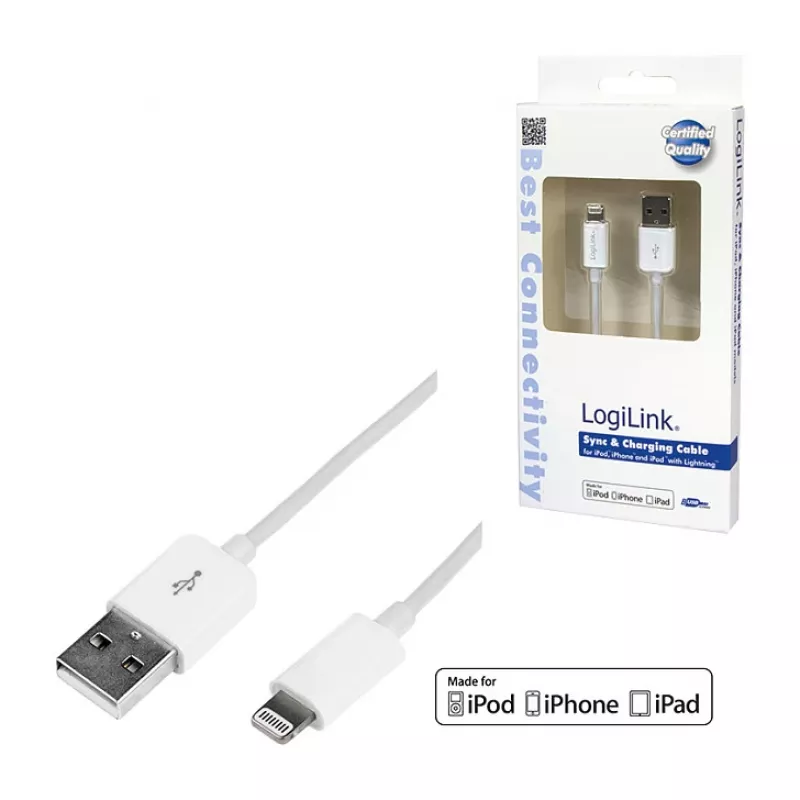 Logilink UA0199 Lightning-Kabel, MFI-zertifiziert, USB-A auf Lightning 8-Pin, Weiß, 1m (Schnellladen & Synchronisieren)
