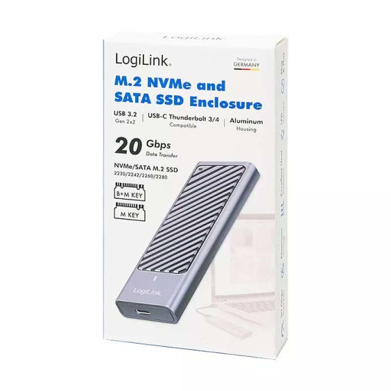 LogiLink UA0435 USB 3.2 Gen 2x2 SSD-Gehäuse, M.2 NVMe/SATA, USB-C, 20 Gbps, Grau