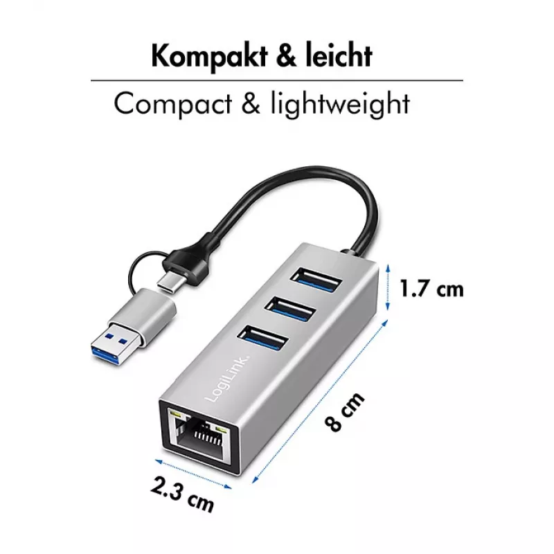 Logilink UA0440 USB 3.2 Gen 1 3-Port Hub mit Gigabit-Ethernet-Adapter, USB-C- und USB-A-Anschluss, Aluminium