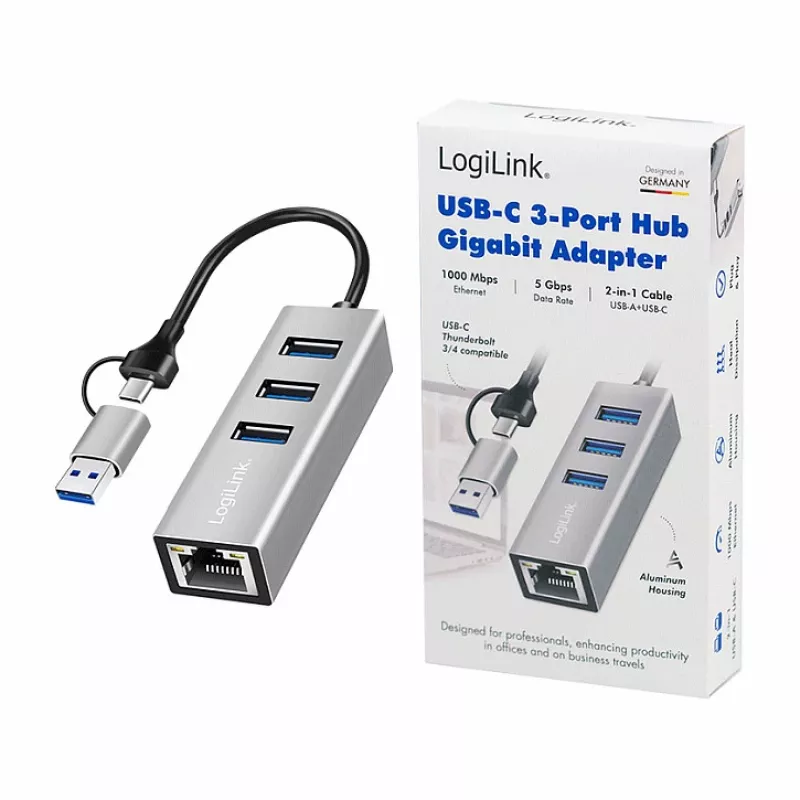 Logilink UA0440 USB 3.2 Gen 1 3-Port Hub mit Gigabit-Ethernet-Adapter, USB-C- und USB-A-Anschluss, Aluminium