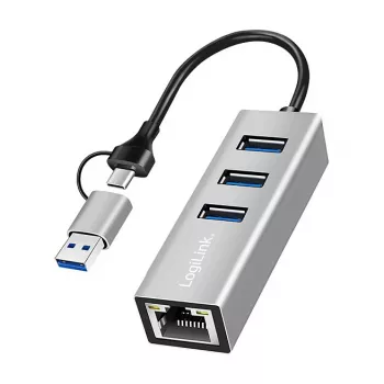 Logilink UA0440 USB 3.2 Gen 1 3-Port Hub mit Gigabit-Ethernet-Adapter, USB-C- und USB-A-Anschluss, Aluminium