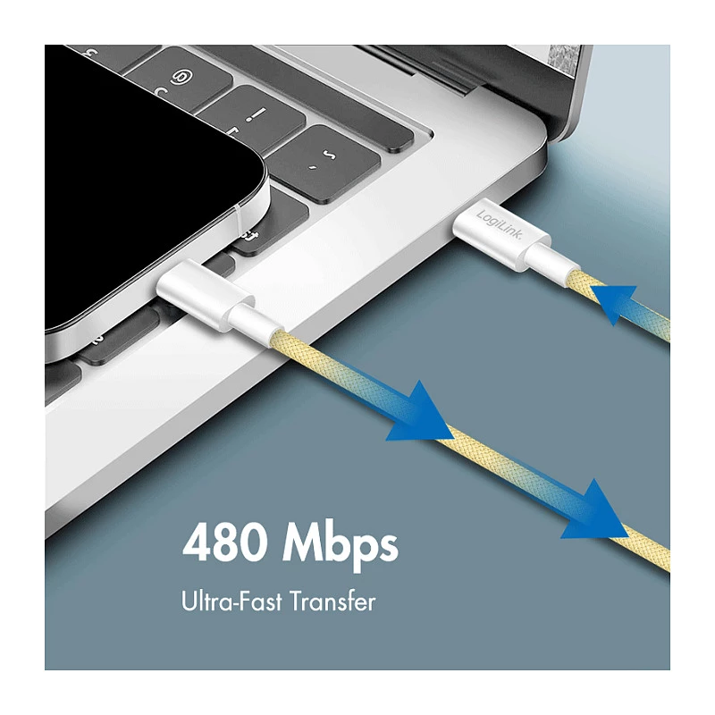LogiLink USB 2.0 Type-C Kabel, C/M auf C/M, 480 Mbps, 60W, Nylon, Gelb, 0,5 m