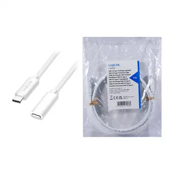 LOGILINK USB 2.0 Type-C Verlängerungskabel – USB-C Stecker auf Buchse, 480 Mbit/s, 100W Power Delivery, Weiß, 1m