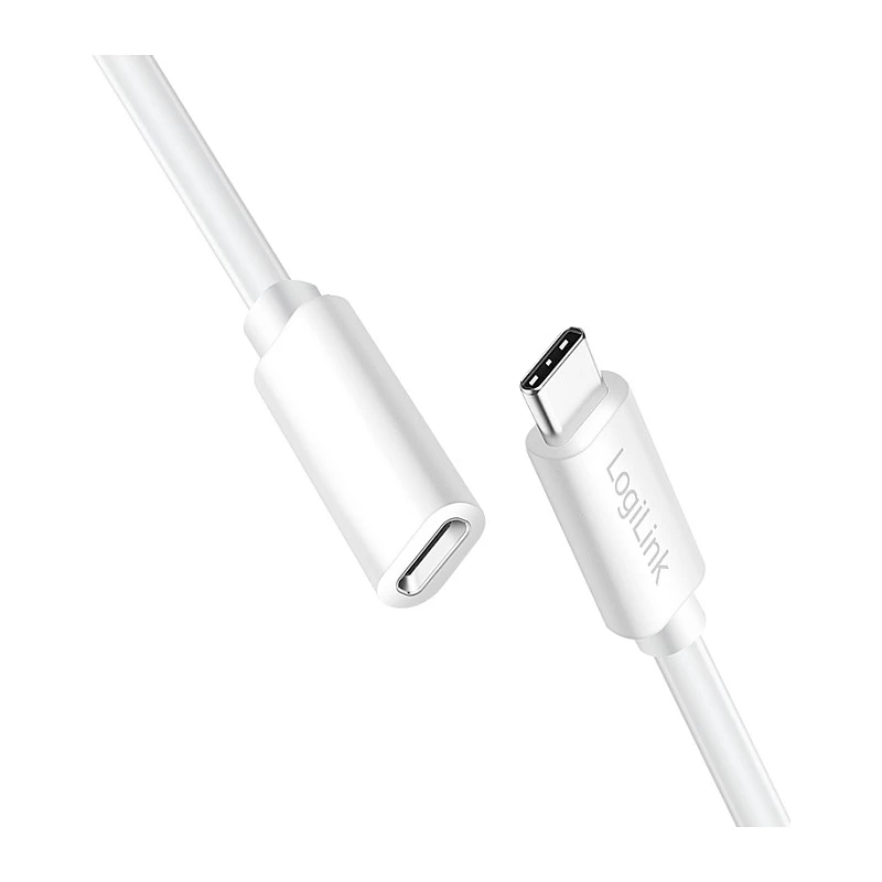 LOGILINK USB 2.0 Type-C Verlängerungskabel – USB-C Stecker auf Buchse, 480 Mbit/s, 100W Power Delivery, Weiß, 1m