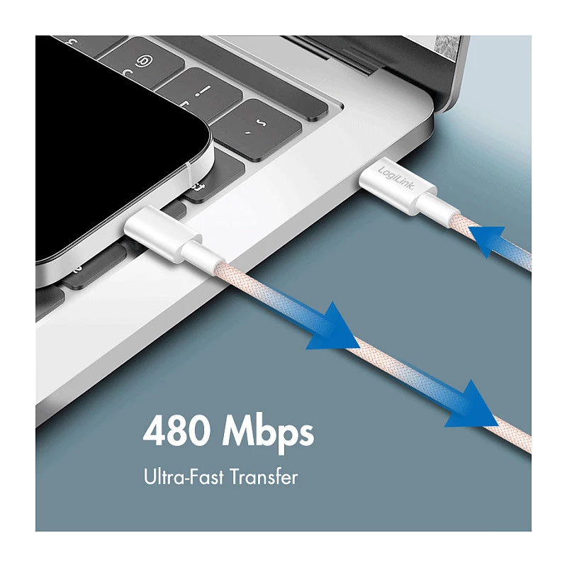 LogiLink USB 2.0 Type-C auf Type-C Kabel, 1m, 60W Power Delivery, Nylon geflochten, Pink
