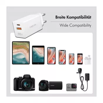 Logilink USB-A/C Charger 65 W GaN, 1x USB-A (QC), 1x USB-C (PD), Weiß