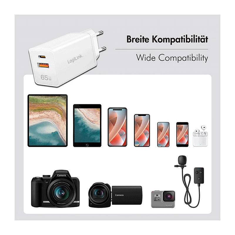 Logilink USB-A/C Charger 65 W GaN, 1x USB-A (QC), 1x USB-C (PD), Weiß