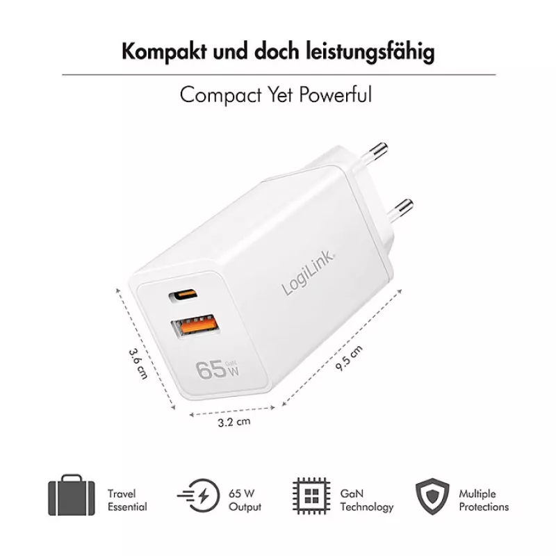Logilink USB-A/C Charger 65 W GaN, 1x USB-A (QC), 1x USB-C (PD), Weiß
