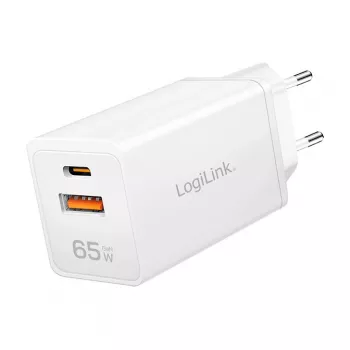 Logilink USB-A/C Charger 65 W GaN, 1x USB-A (QC), 1x USB-C (PD), Weiß
