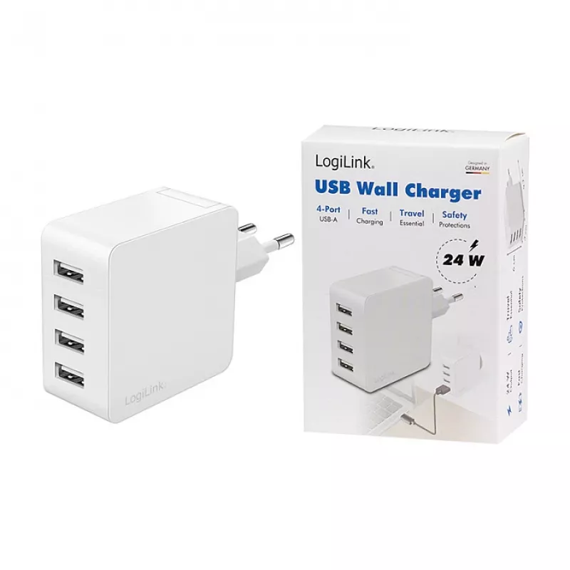 Logilink USB-A-Ladegerät, 24 W, 4 Ports, 4x USB-A, Weiß