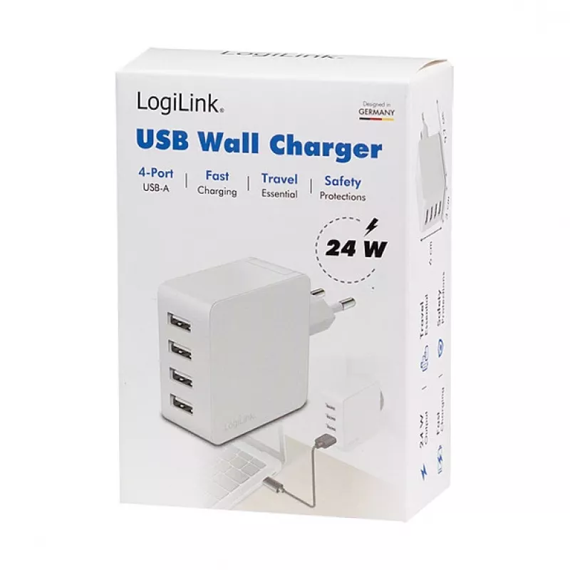 Logilink USB-A-Ladegerät, 24 W, 4 Ports, 4x USB-A, Weiß