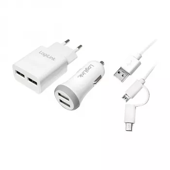 Logilink USB-A Ladegerät-Set, 10,5 W / 10 W, 2 Ports, 2x USB-A, Weiß