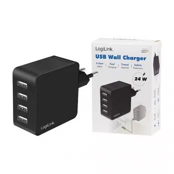 LogiLink USB-A Wandladegerät, 24W, 4-Port, 4x USB-A, Schwarz