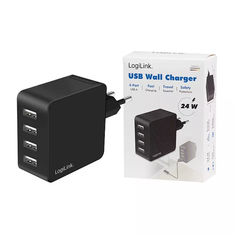 LogiLink USB-A Wandladegerät, 24W, 4-Port, 4x USB-A, Schwarz