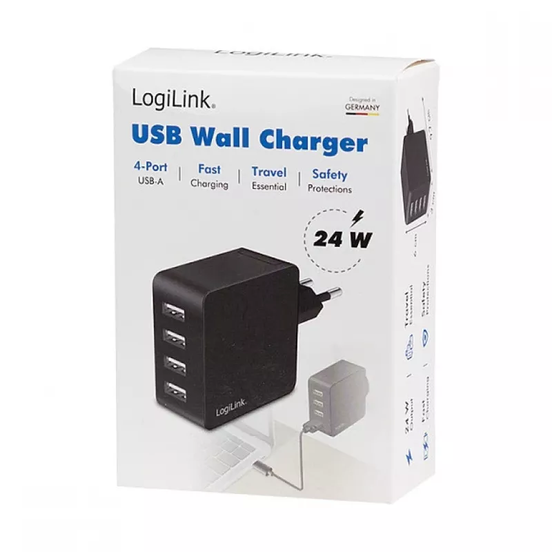 LogiLink USB-A Wandladegerät, 24W, 4-Port, 4x USB-A, Schwarz