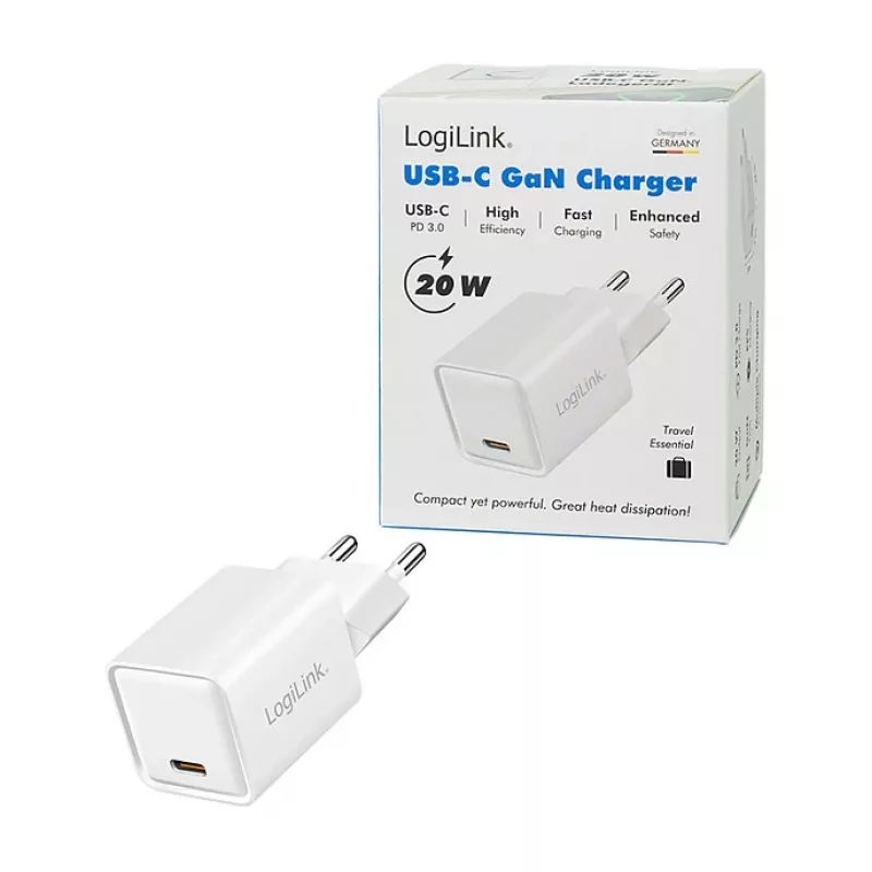LogiLink USB-C-Ladegerät 20 W GaN, 1 Port, USB Power Delivery, Weiß