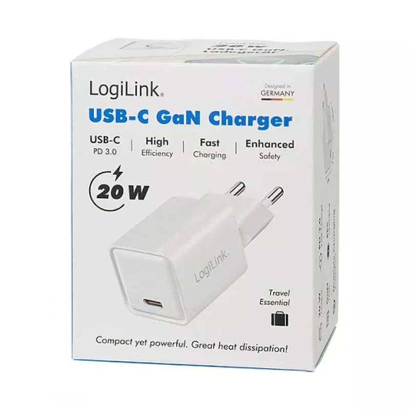 LogiLink USB-C-Ladegerät 20 W GaN, 1 Port, USB Power Delivery, Weiß