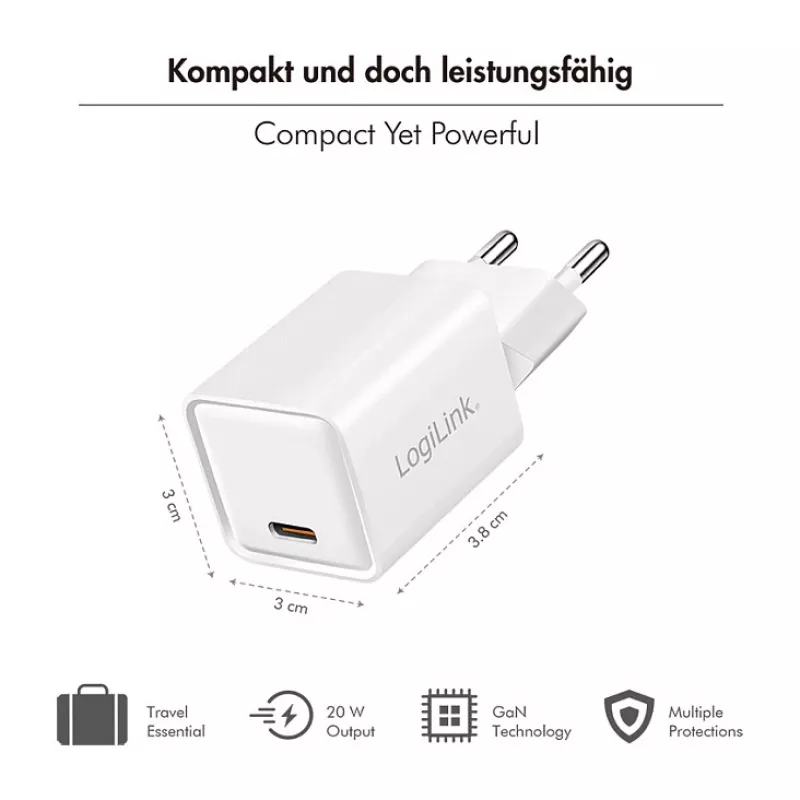 LogiLink USB-C-Ladegerät 20 W GaN, 1 Port, USB Power Delivery, Weiß