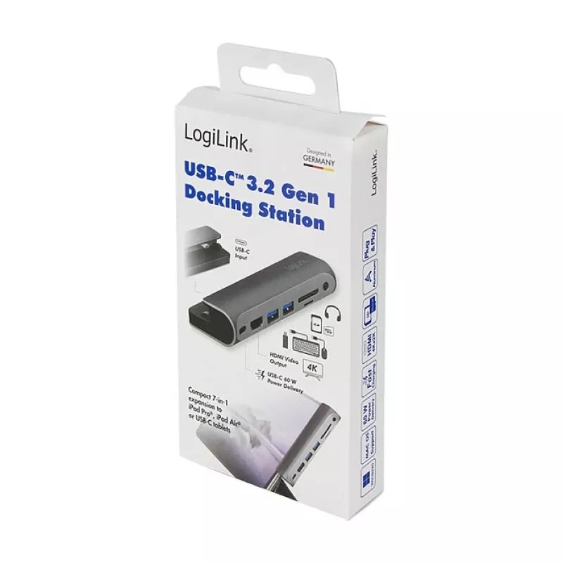 LOGILINK USB-C Docking Station, 7-Port, USB 3.2 Gen1, 100W PD, 4K HDMI, für iPad, Aluminium (UA0385)
