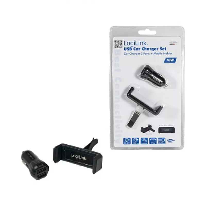 LogiLink USB-Auto-Ladegerät-Set, 2-Port-Ladegerät + Halterung