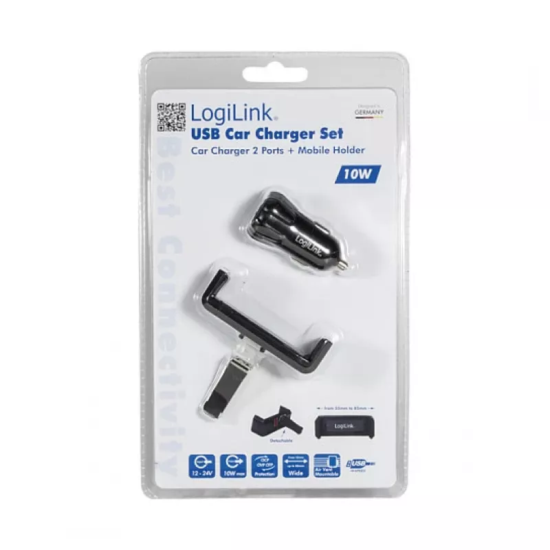 LogiLink USB-Auto-Ladegerät-Set, 2-Port-Ladegerät + Halterung