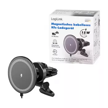 LogiLink Kabelloses Auto-Ladegerät mit Smartphone-Halterung 15W, Runde Form, Qi, Automatische Klemmung, Lüftungsschlitz & Saugnapf, Schwarz