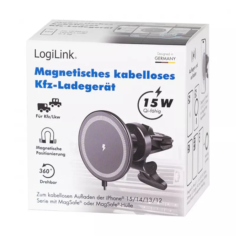 LogiLink Kabelloses Auto-Ladegerät mit Smartphone-Halterung 15W, Runde Form, Qi, Automatische Klemmung, Lüftungsschlitz & Saugnapf, Schwarz