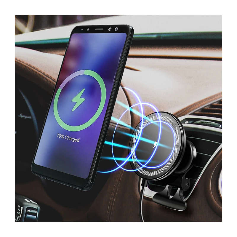 LogiLink Kabelloses Auto-Ladegerät mit Smartphone-Halterung 15W, Runde Form, Qi, Automatische Klemmung, Lüftungsschlitz & Saugnapf, Schwarz