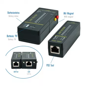 LOGILINK WZ0080 LAN-Kabeltester & PoE-Finder mit Magnet, Taschenlampe, hintergrundbeleuchtetem LCD, 300 m Reichweite