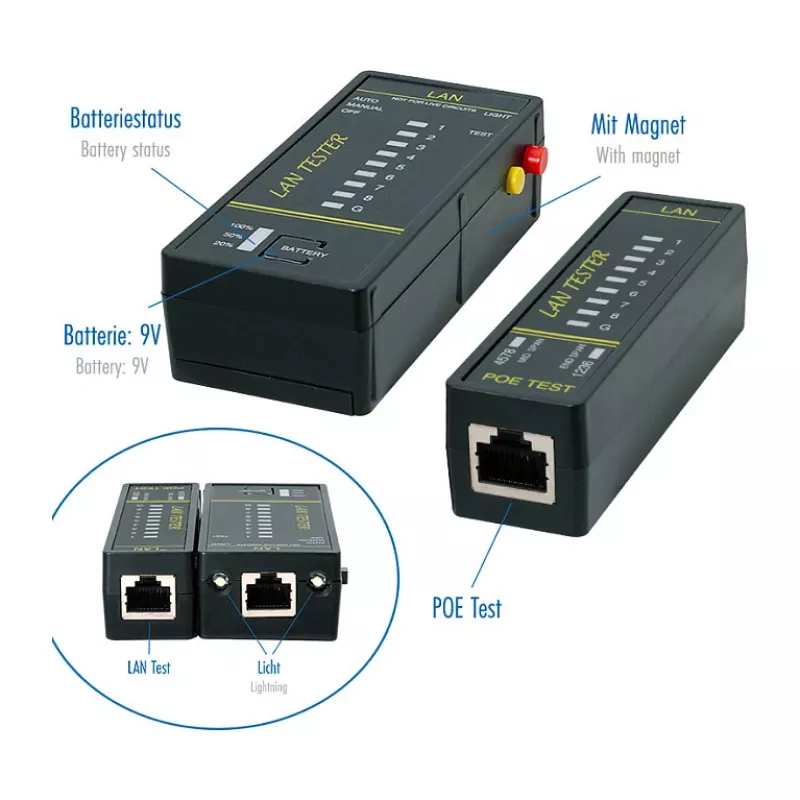 LOGILINK WZ0080 LAN-Kabeltester & PoE-Finder mit Magnet, Taschenlampe, hintergrundbeleuchtetem LCD, 300 m Reichweite