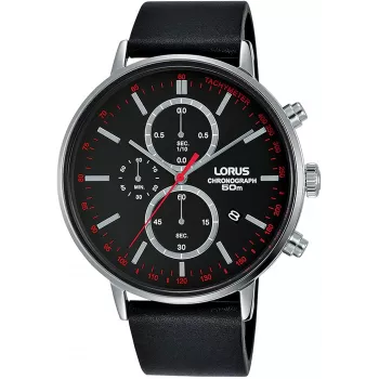 Lorus Herren-Quarzuhr RM365FX9 - 43mm Edelstahlgehäuse, schwarzes Zifferblatt, silbernes Armband, 100m Wasserdichtigkeit