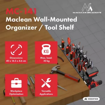 MACLEAN MC-141 Wandmontierter Werkzeug-Organizer mit 20 Behältern und 11 Haken, Schwarz/Rot, 800x400x195 mm