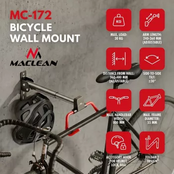 MACLEAN MC-172 Horizontaler Wandmontierter Fahrradträger, Stahl, 30 kg Belastung, Verstellbarer Winkel, Klappbar, Schwarz