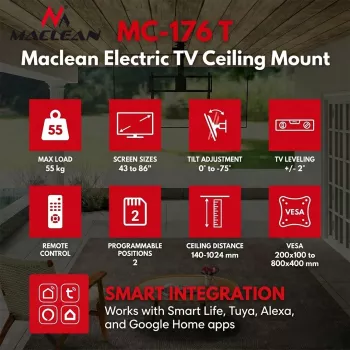 Maclean MC-176 T Elektrische Deckenhalterung für Fernseher mit Tuya Smart Control, VESA 200x200 bis 800x400, für 43-86 Zoll Fernseher, 55 kg Belastung, Schwarz