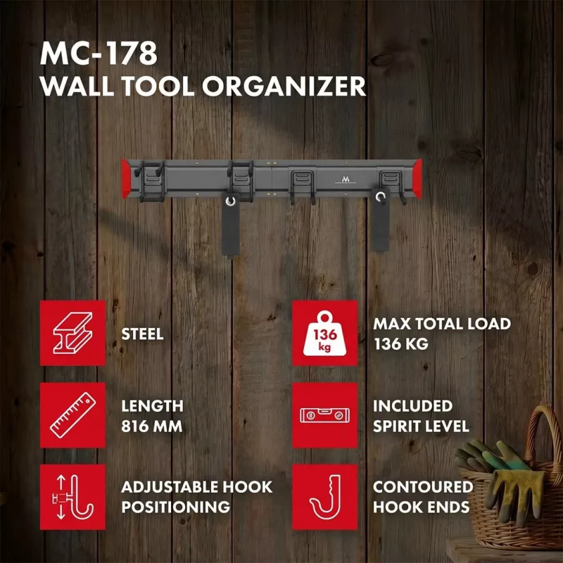 Maclean MC-178 Wandmontierter Stahl-Werkzeugorganisator, 136 kg Belastung, 816 mm breit, Lochwand-Paneel
