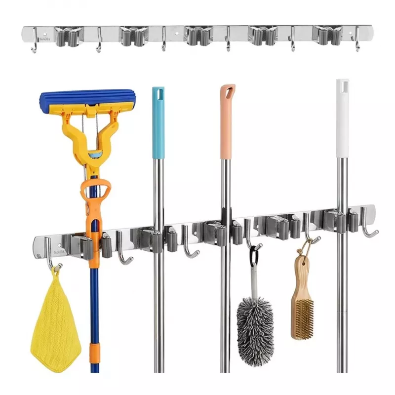 Maclean MC-185 Wandmontierter Werkzeug-Organizer für Gartengeräte und Mopps, Stahl, 60 cm, 20 kg Belastung, mit Haken