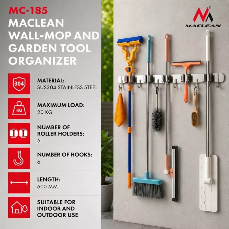 Maclean MC-185 Wandmontierter Werkzeug-Organizer für Gartengeräte und Mopps, Stahl, 60 cm, 20 kg Belastung, mit Haken