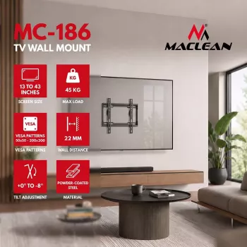 MACLEAN MC-186 Neigbarer TV-Wandhalterung für 13-43 inch Bildschirme, VESA 200x200, 45 kg, Schwarz