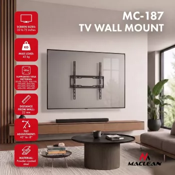 MACLEAN MC-187 Neigbarer TV-Wandhalterung für 32-75 Zoll Bildschirme, VESA bis 400x400, 45 kg, Schwarz