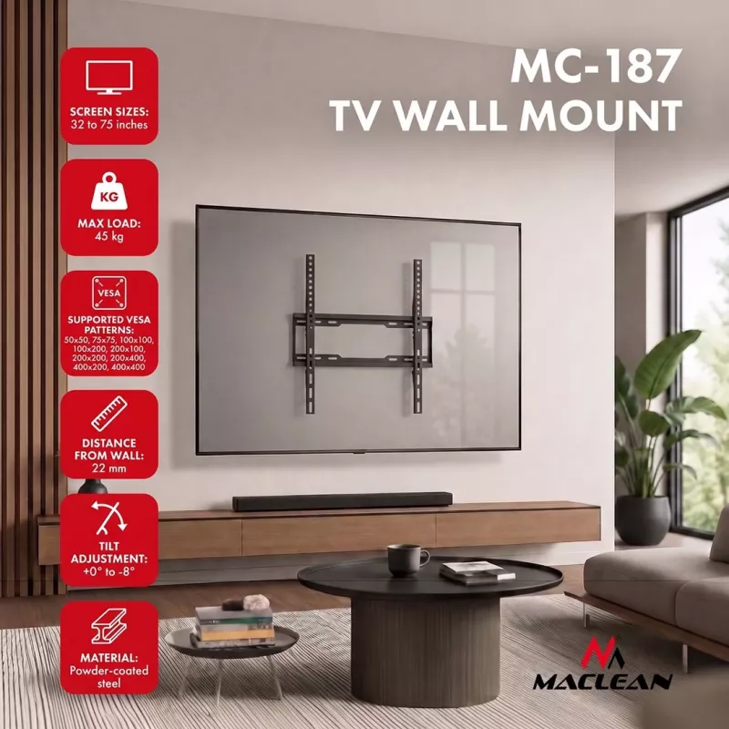 MACLEAN MC-187 Neigbarer TV-Wandhalterung für 32-75 Zoll Bildschirme, VESA bis 400x400, 45 kg, Schwarz