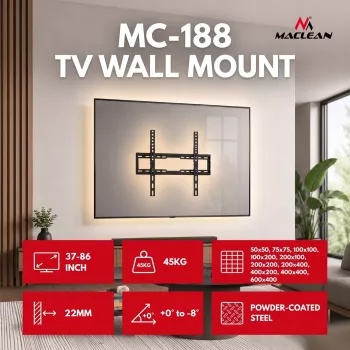 MACLEAN MC-188 TV-Wandhalterung, max. VESA 600x400, 37-86 Zoll, bis 45 kg, schwarz, Neigung 0°–8°