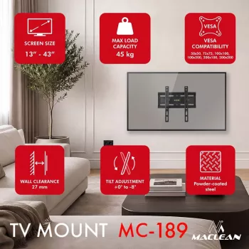 MACLEAN MC-189 Neigbarer TV-Wandhalterung für 13-43 Zoll Bildschirme, VESA 200x200, 45 kg, Schwarz
