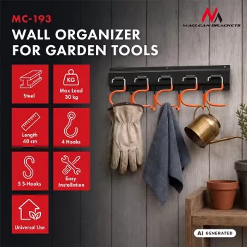 MACLEAN MC-193 Wandmontierter Gartengeräte-Organizer mit 5 Auto-Griffhaltern und 6 klappbaren Haken, ABS-Kunststoff, Grau/Schwarz