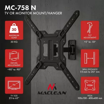 Maclean MC-758 N Festhalterung für 23-65 Zoll Fernseher und Monitore, 30 kg, VESA 400x400, Schwarz