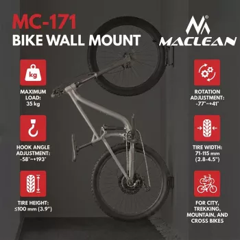 Maclean Wandmontierter Fahrradträger / -halter, max. Belastung 35 kg, verstellbarer Neigungswinkel, Stahl, MC-171