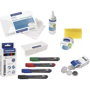 MAGNETOPLAN HOLTZ 12299 Whiteboard-Zubehörset - Mehrfarbig (Schwarz, Blau, Grün, Rot) mit Markern, Magneten, Radierer, Reinigungstuch und Reinigungsflüssigkeit