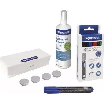 MAGNETOPLAN HOLTZ Magnetoplan 12299N Whiteboard-Zubehörset – 4 trocken abwischbare Marker, 250 ml Reinigungsflüssigkeit, magnetischer Radierer, 10 Tücher, Schwarz