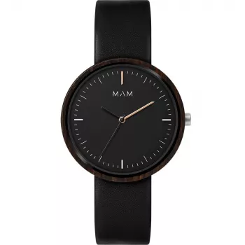MAM MAM642 Unisex 39mm Teak Wood Watch with Black Leather Strap